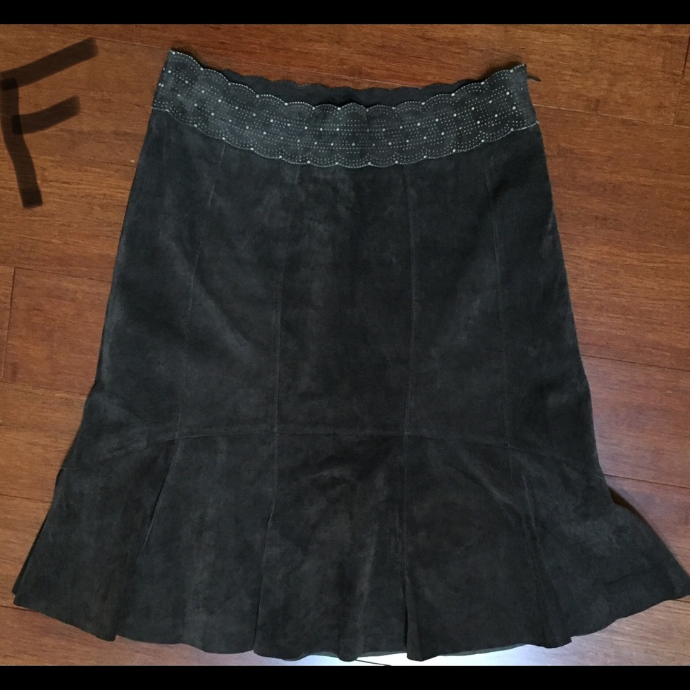 CAbi Leather Suede Chocolate Brown Flare Skirt